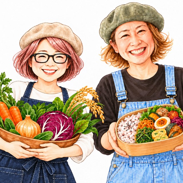 野菜のかごを抱えたひろねぇと、お弁当を持つiiger bentoさんのイラスト
