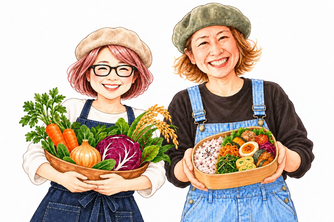 野菜のかごを抱えたひろねぇと、お弁当を持つiiger bentoさんのイラスト