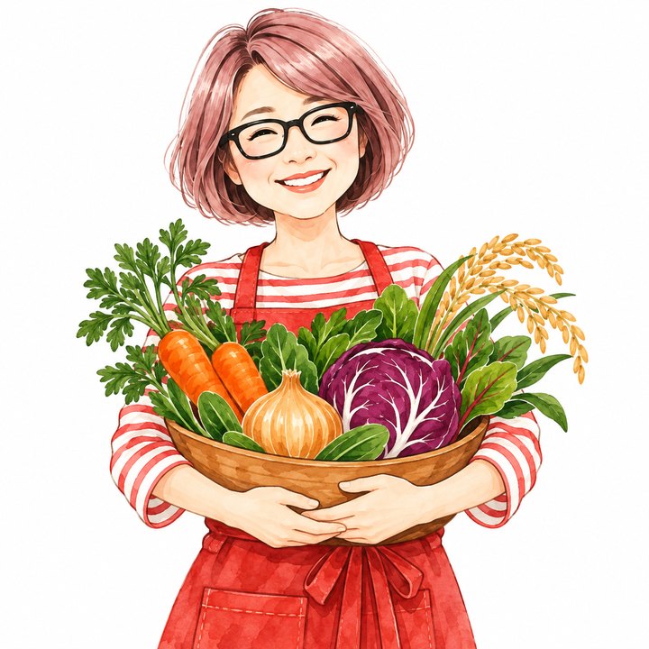 野菜のかごを抱えて笑うひろねぇのイラスト